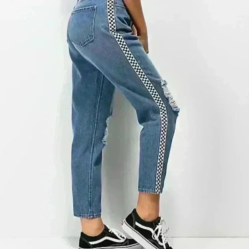 Empyre Eileen Checkered Striped Medium Wash Mom Jeans Size 0 Zumiez Distressed - Picture 2 of 15
